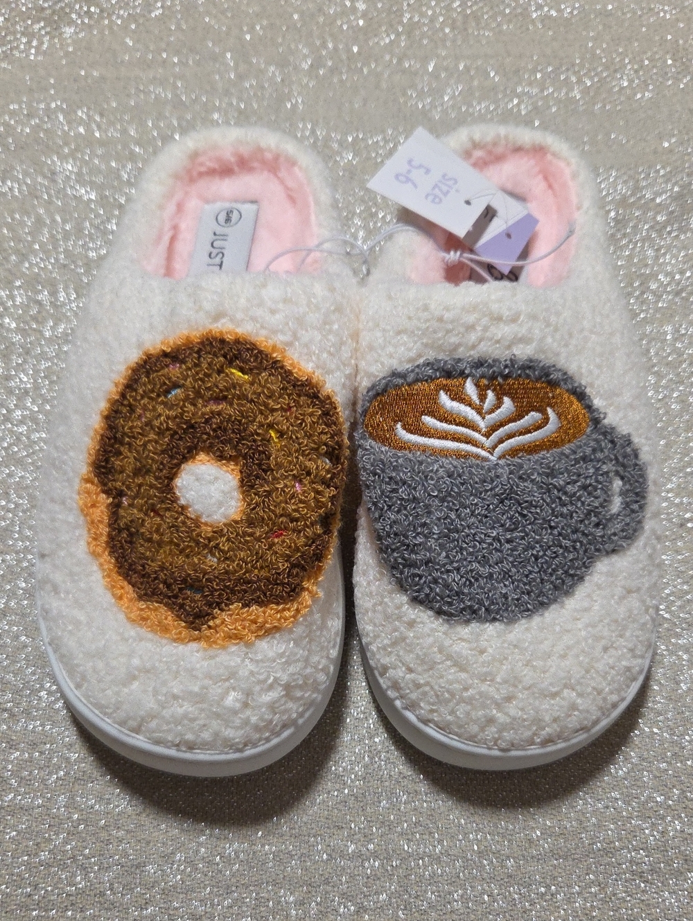 Fuzzy Slippers with Donut & Coffee Design